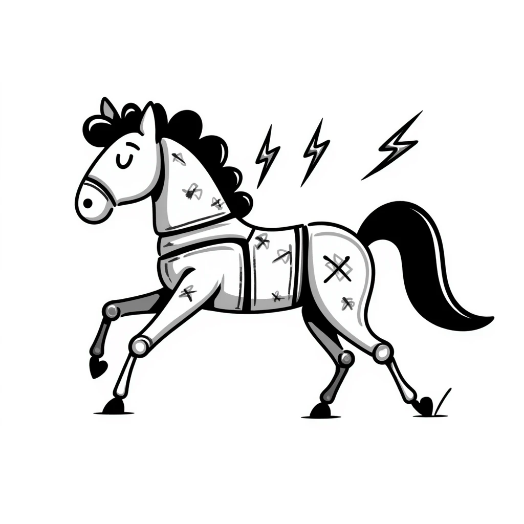 Sketchy electric horse made of metal plates and electrical wires, with lightning bolts shooting off as it gallops at high speed emoji