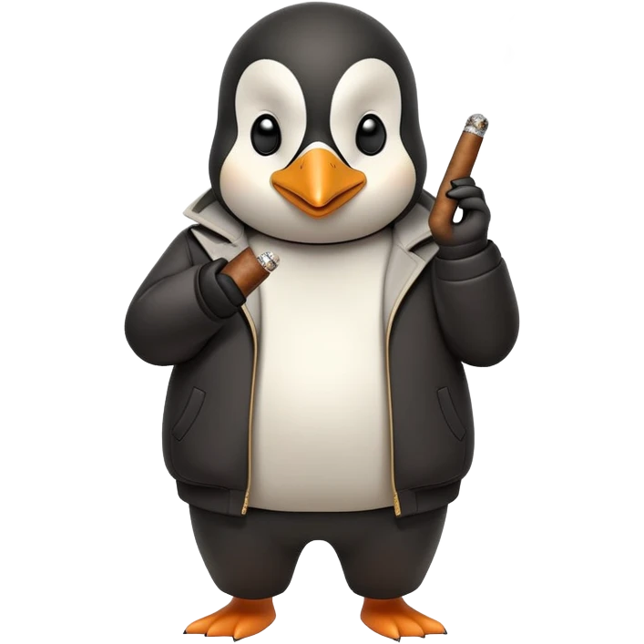 friendly anthropomorphised penguin wearing a mafia-style tracksuit, holding a cigar, secretive scheming pose, soprano vibe emoji