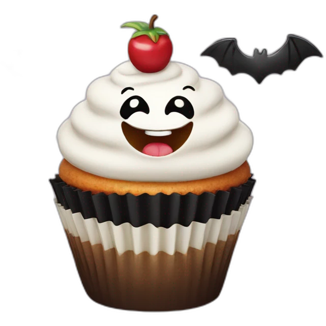 Happy cupcake with black bats emoji