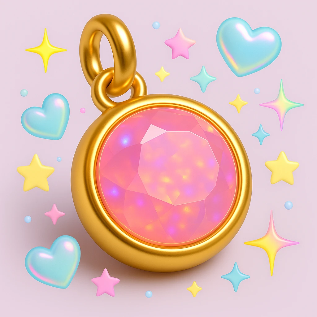 add more Y2K accents: pastel stars, iridescent hearts, and neon sparkles around the elegant round cut pink sapphire holographic charm with gold setting and gold jump ring, extreme close-up, 3D emoji style emoji