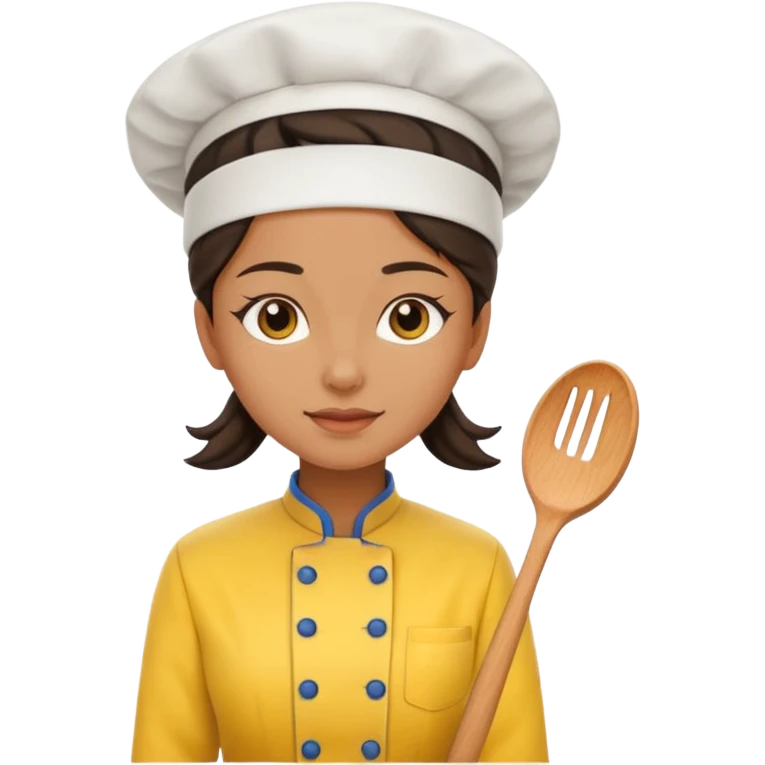 a woman chef wearing a bright yellow uniform, no posing emoji