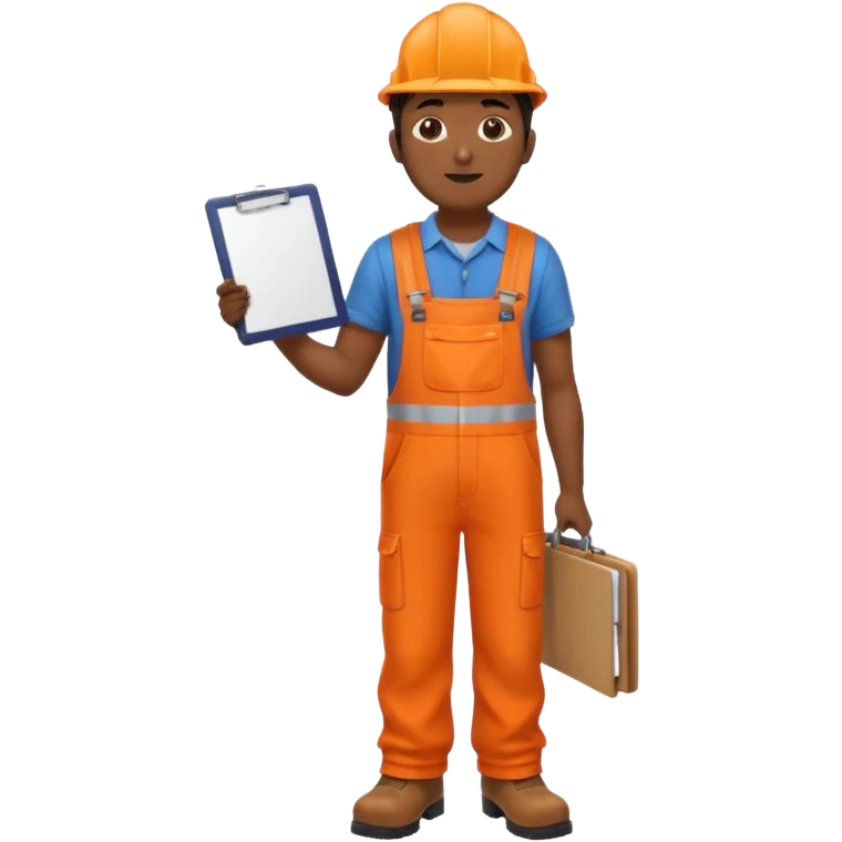 Indian male railway engineer orange overalls, boots holding a clipboard view from rear emoji