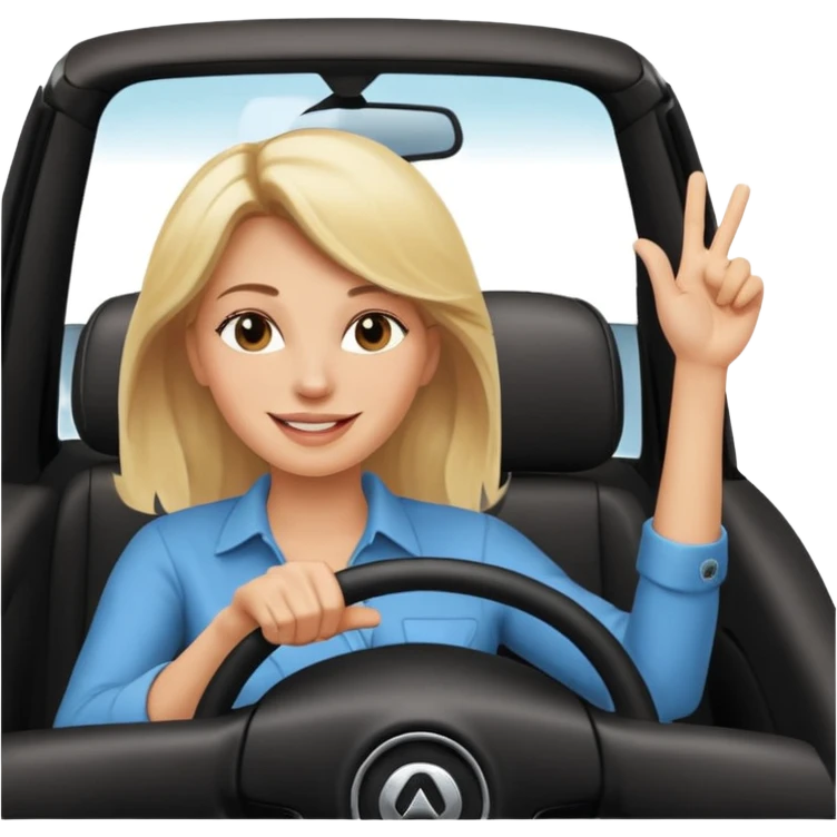 blonde woman driving car. one hand up Happy face confidence emoji