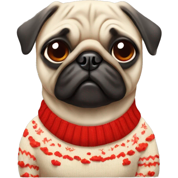Pug dog wearing a sweater with red mushrooms emoji