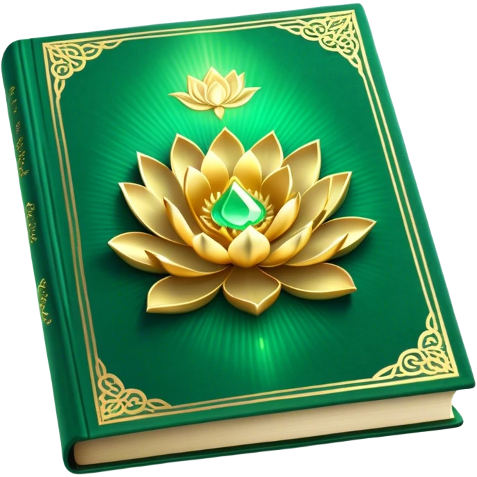 A soft emerald green magic book front cover en terciopelo, with golden details, a ray of light, or a lotus on the cover, radiating presence, tranquility, and spiritual awakening emoji