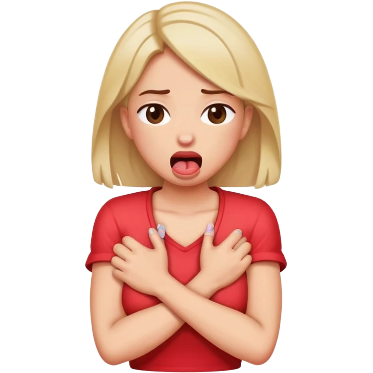 women chocking herself with crossed arms with her tounge out emoji