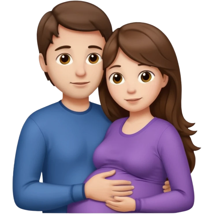 

“Pregnant woman with long brown hair and fair skin and man with short brown hair and fair skin hugging each other.”

 emoji