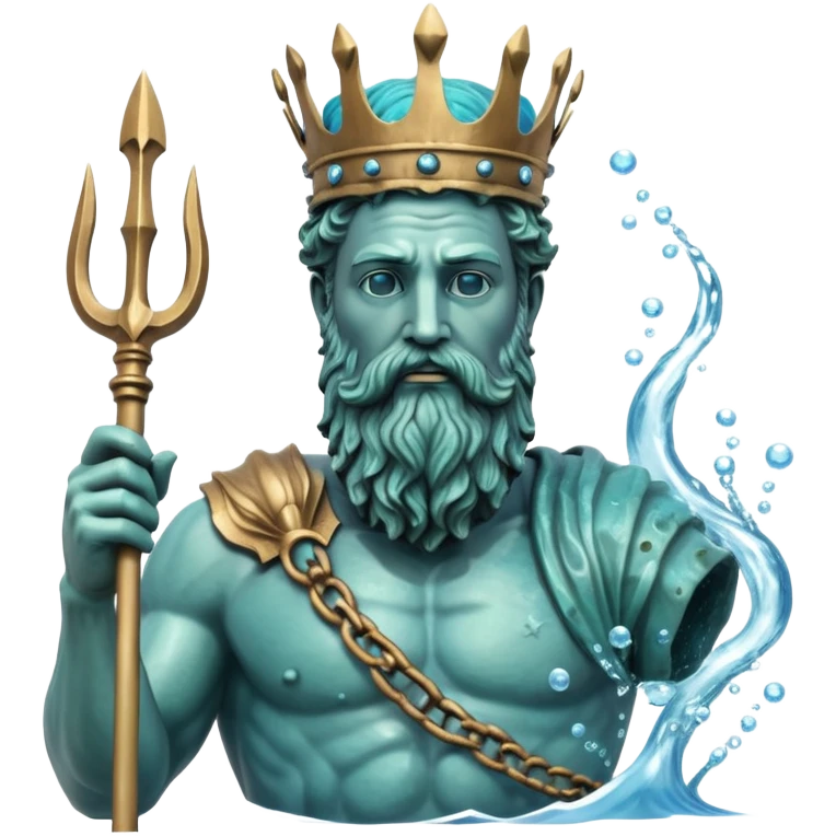 Bust of Poseidon underwater, Greek god with beard and crown, sea god statue with trident, bubbles around, blue water background emoji
