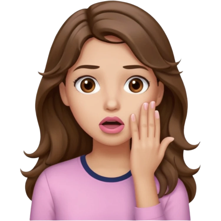 girl with wavy long brown hair, brown eyes, light to medium complexion, long lashes, light pink lipstick, wearing light pink shirt, shocked, hand covering mouth emoji