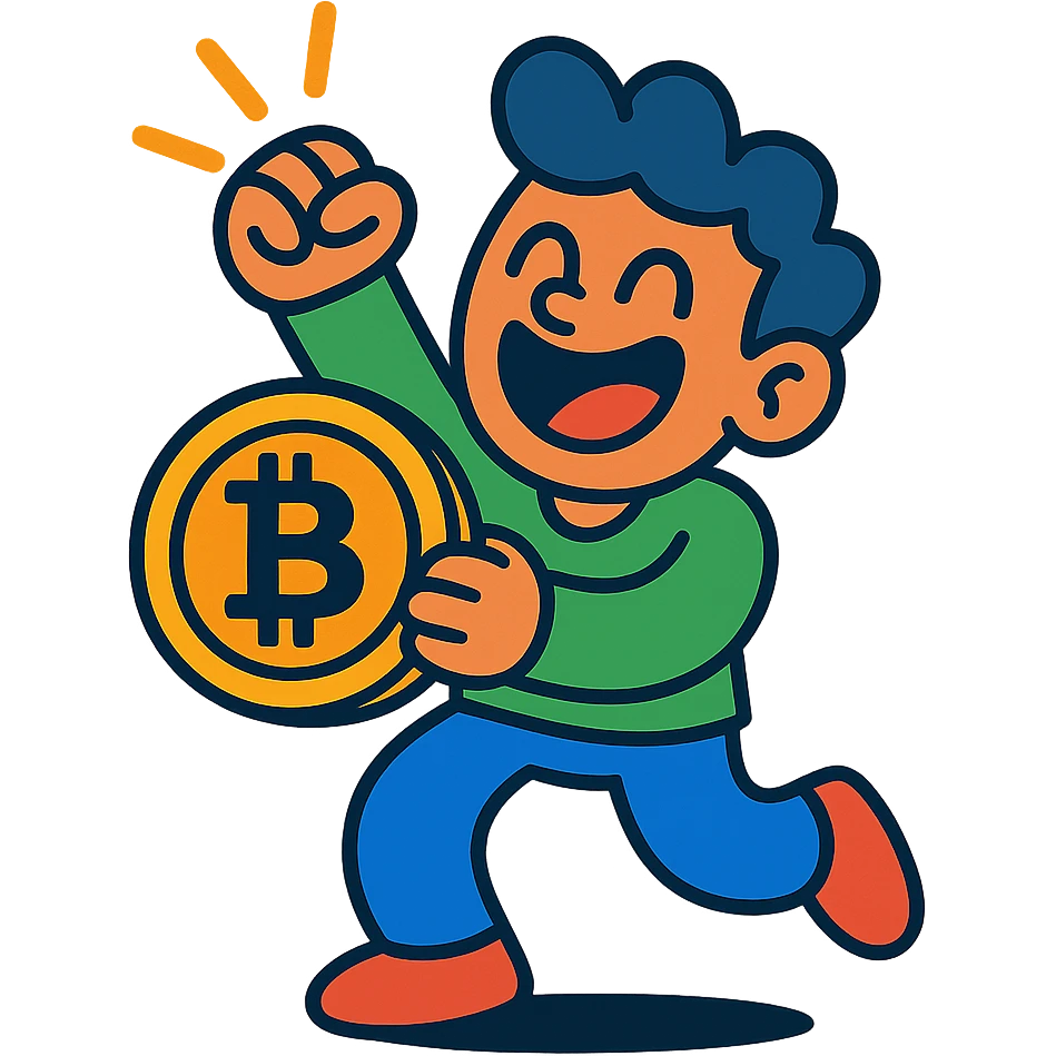 happy cartoon character holding a Bitcoin symbol and celebrating, vibrant toon style emoji