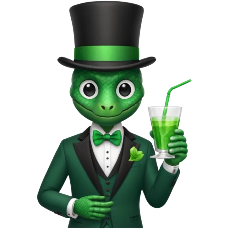 snake wearing suit, bowtie and top hat, holding a glass of green drink emoji