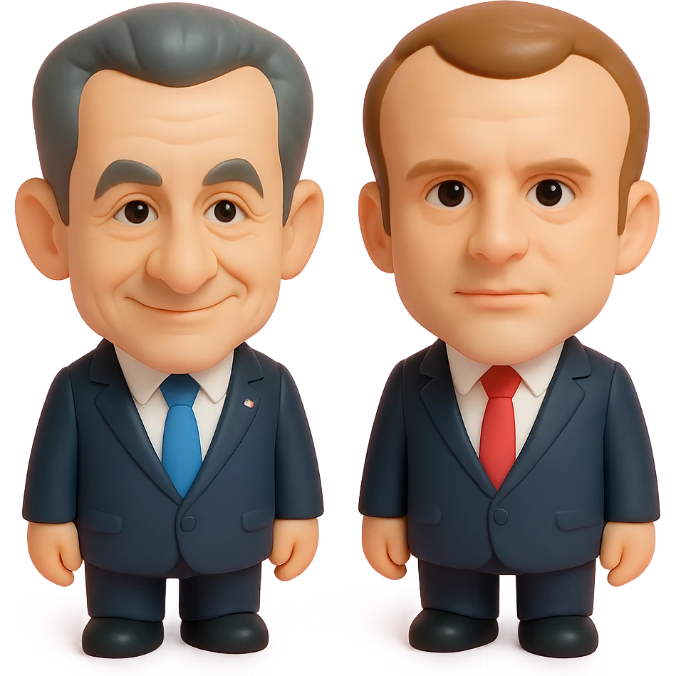 3D chibi digital caricature of Nicolas Sarkozy (left) and Emmanuel Macron (right) standing side by side, oversized heads, small realistic bodies, Sarkozy in navy suit, white shirt, blue tie, slight smile, Macron in dark navy suit, white shirt, red tie, confident neutral expression, semi-realistic textures and lighting, soft shadows, highly recognizable faces, not overly cartoonish emoji