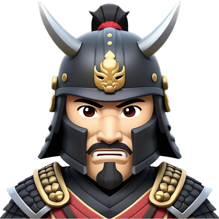 clash-of-clans-aesthetic_-cinematic-fearsome-and-majestic-samurai-bust-portrait-emoji, rendered in a flat, vector-style with minimal shading and bold, simplified shapes typical of emoji art, depicting a battle-hardened samurai with black mask and traditional black Japanese armor. The samurai is riding a noble grey warhorse adorned with an intricately designed saddle and fluttering banners and a rising sun. a samurai on a   horse emoji