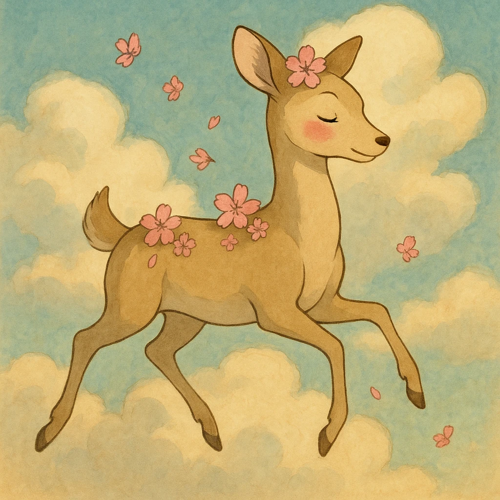 feminine adult vanilla cloud doe with rosy cheeks and cherry flowers, floating gracefully, Ghibli style emoji