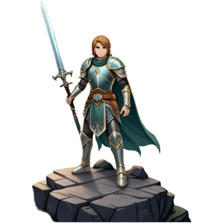 An icon representing an RPG, inspired by Elden Ring, featuring a lone warrior standing on a cliff overlooking a vast, mystical landscape. The design includes intricate armor, a glowing sword, and a majestic, otherworldly sky. Transparent background emoji