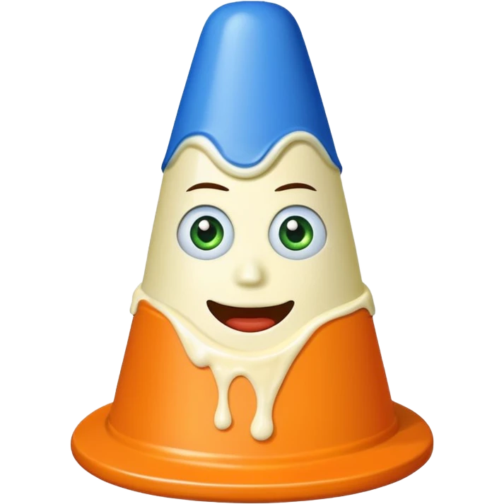Traffic cone with mayonnaise on it and pickles around it and it has a blue face emoji