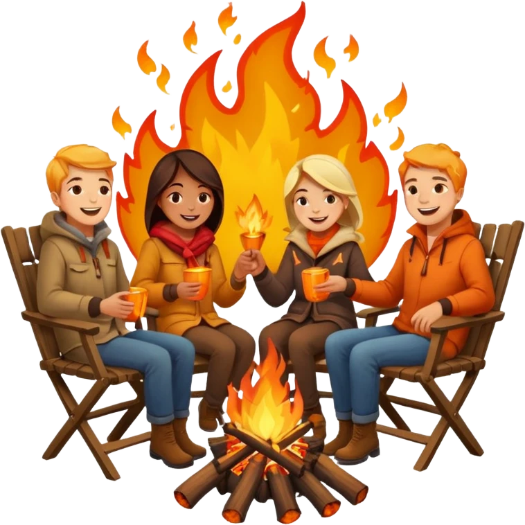 Born fire and people sitting beside born fire on chairs. Born fire is in the centre emoji