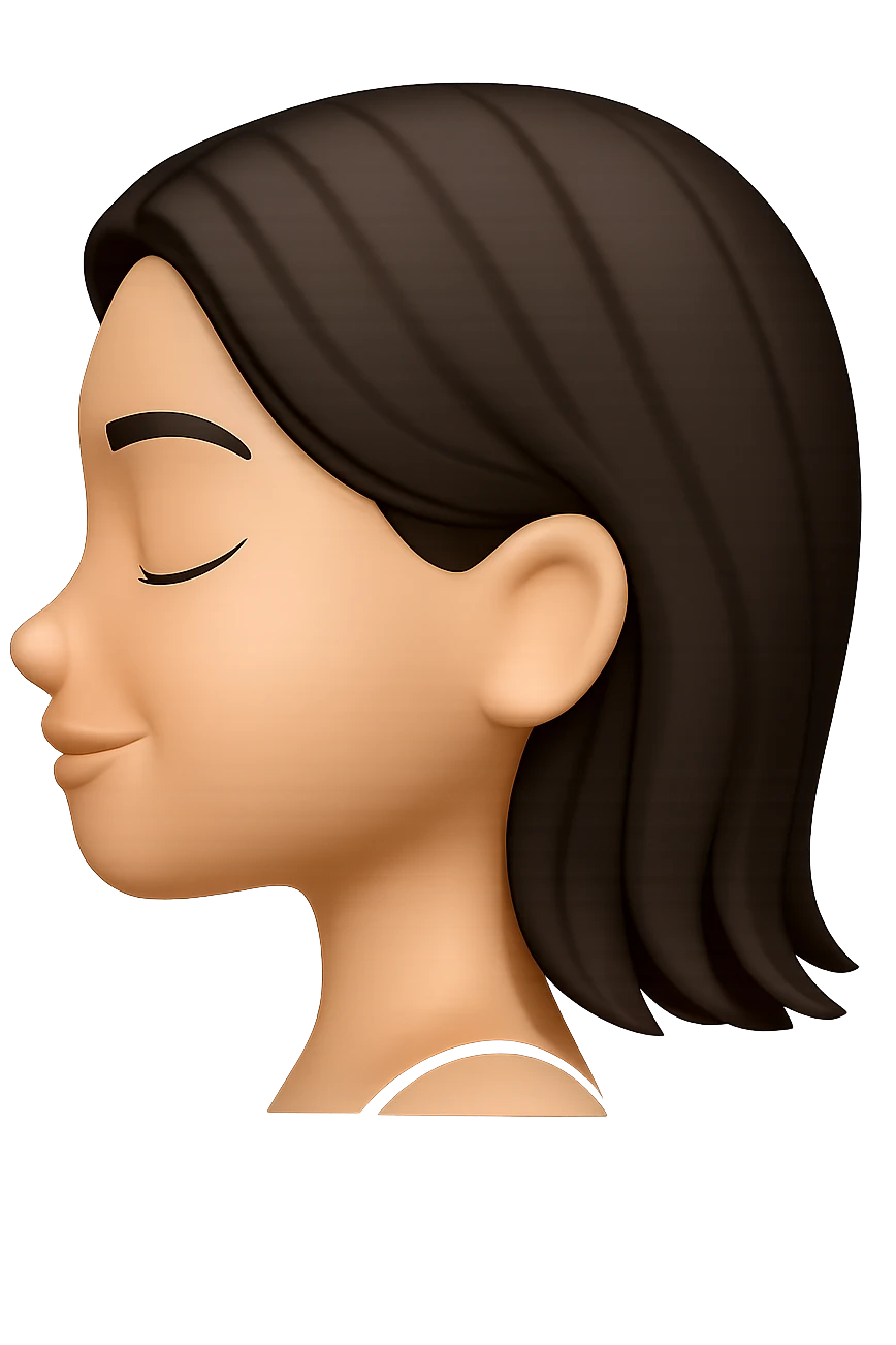 Create a side profile view of this girl's head in Apple emoji style with eyes closed and a gentle smile. The image should have a 3D look with soft shading and a transparent background, capturing the essence of Apple style emojis. emoji
