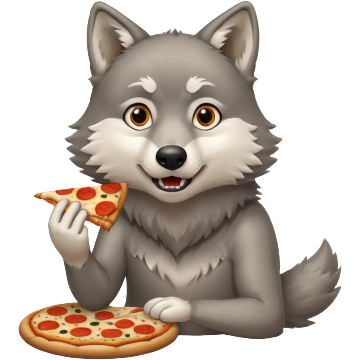 a sitting surprised grey wolf eating a piece of pizza emoji emoji