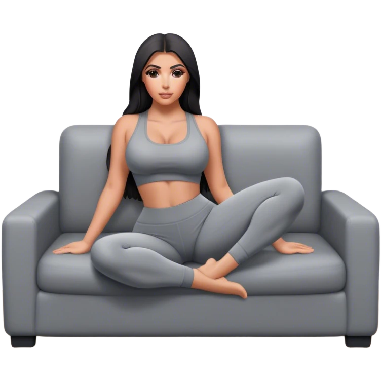 hyper-realistic kim kardashian in gray yoga pants on couch comfy emoji