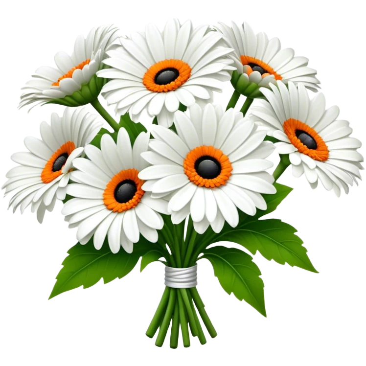 bouquet White Gerbera Daisy, luxuriant, leaf, bud, black pollen, orange style emoji