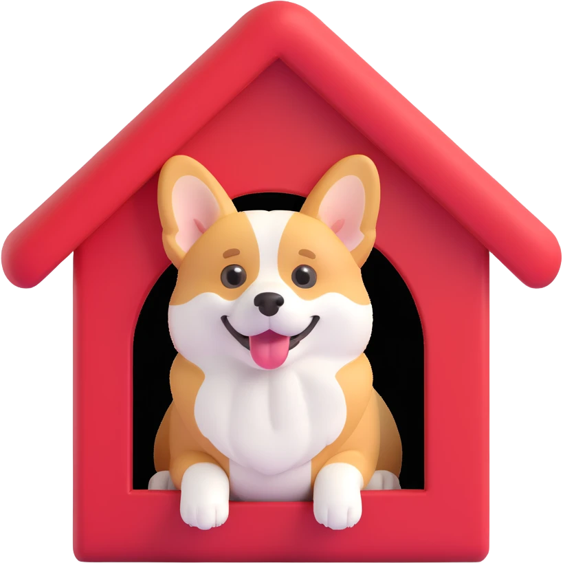 red dog house with a Corgi dog inside, clear view of the Corgi, semi-realistic but with emoji-like features, playful and cute emoji