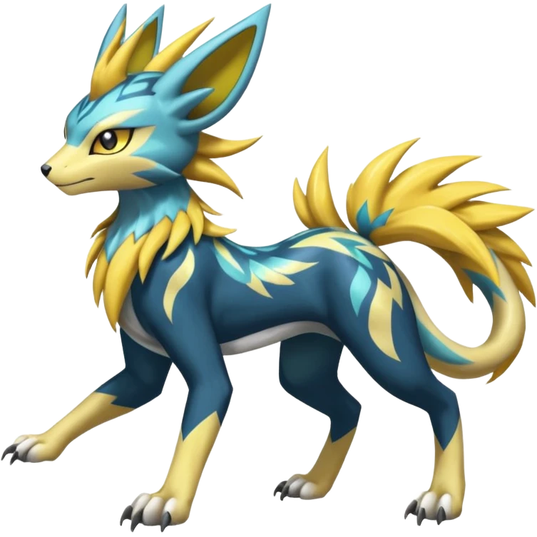 Feral Scaly Striking Slaying Badass Evil Handsome Lightning-patterned Zig-zagged buzzy fuzzy Meloetta-Renamon-Zeraora-Luxray-Cobalion-Suicune-Vernid-fusion-hybrid-creature, full body  emoji