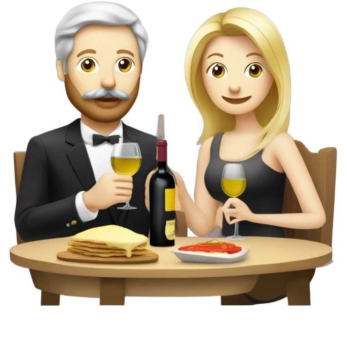 Repas raclette et deux verres de vin blanc en couple, femme blonde cheveux aux-dessus des épaules homme petite barbe et moustache grisonnantes et cheveux bruns grisonnant  emoji