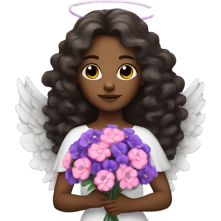 Black angel with long brunette curly hair holding bouquet of purple and pink flowers emoji