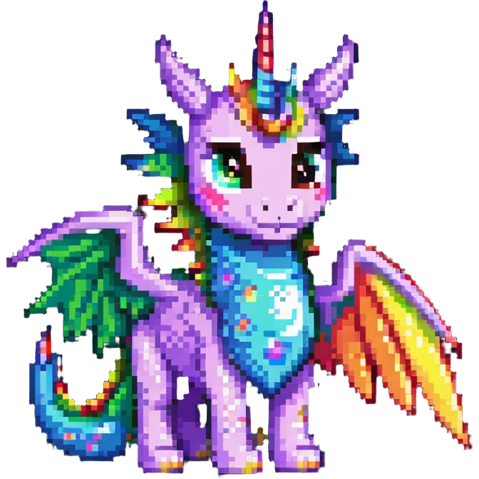 dragon with oversized eyes, rainbow-colored wings, and a unicorn horn emoji