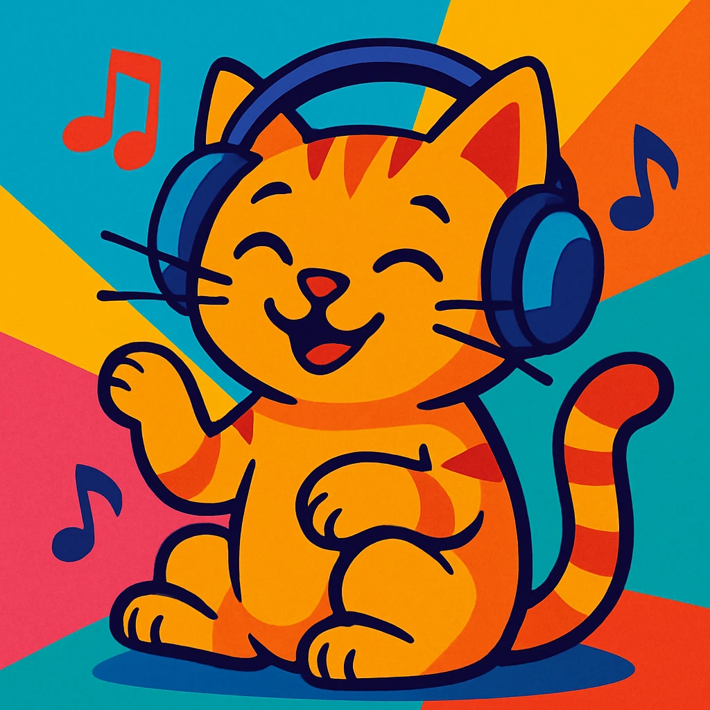 a cat with headphones listening to music, playful, vibrant colors emoji