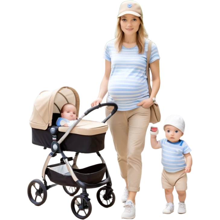 A mom with a brown stroller, a coffee cup attached to it. Inside, a 6-month-old baby boy with light brown hair and blue eyes. The mom is wearing a beige T-shirt and a matching beige cap. The baby is dressed in white sneakers, a white and blue striped T-shirt, and jeans emoji