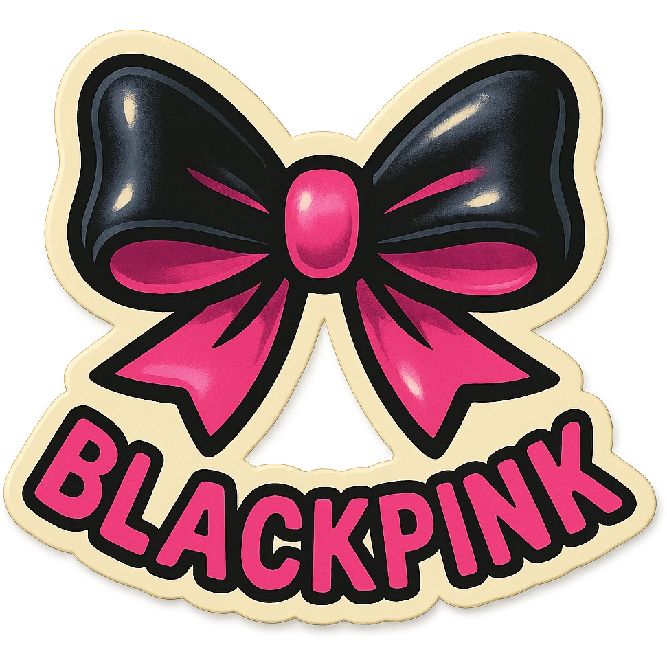 BLACKPINK-inspired retro sticker, black and pink bow, cheerful and fashionable, vintage sticker style emoji