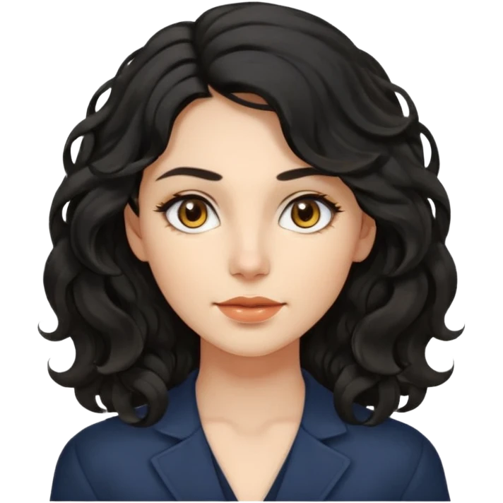 this avatar of 30th year-woman has shoulder-length black wavy hair with loose curls framing the face, and a long, pointed face with golden-brown eyes and a calm, neutral expression. emoji