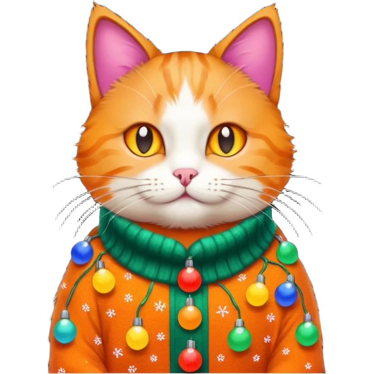 cat wearing a christmas sweater wrapped in christmas lights emoji