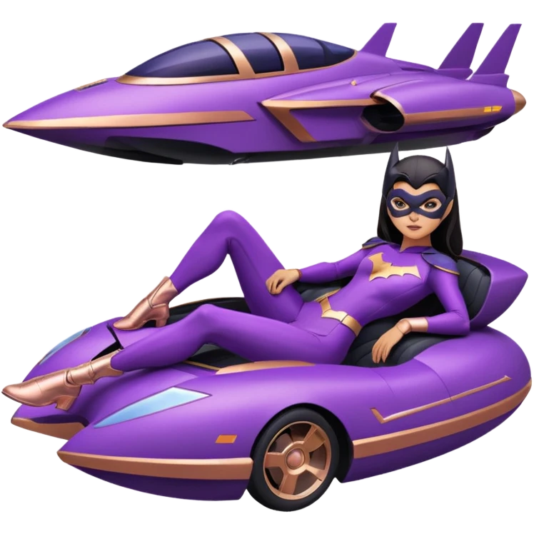 Hot full size real-appearance racing action BatGirl’s Lego feminine midnight-purple tight outfit sixty’s tv show 1992 stealth retro sporty petite off-road pursuit hovering hover cruiser car rose gold accents (black hair,reclined and relaxed seating position and attitude) desert emoji