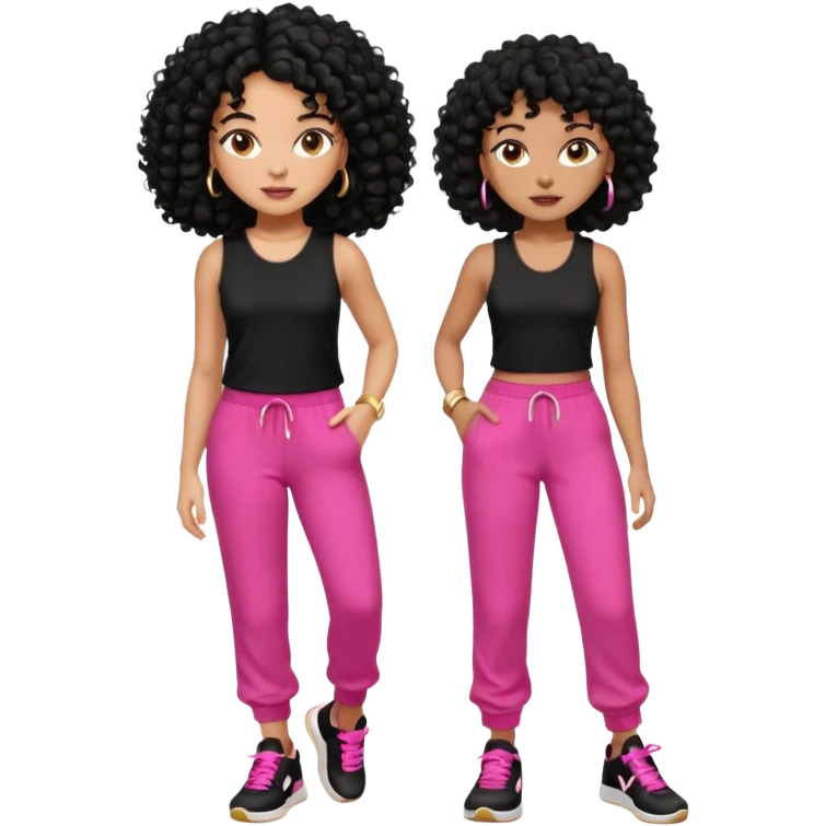 Black woman, adult, 4C black curly hair, dark brown eyes, wearing black top, pink pants, black sneakers, gold hoop earrings mostrando os músculos  emoji