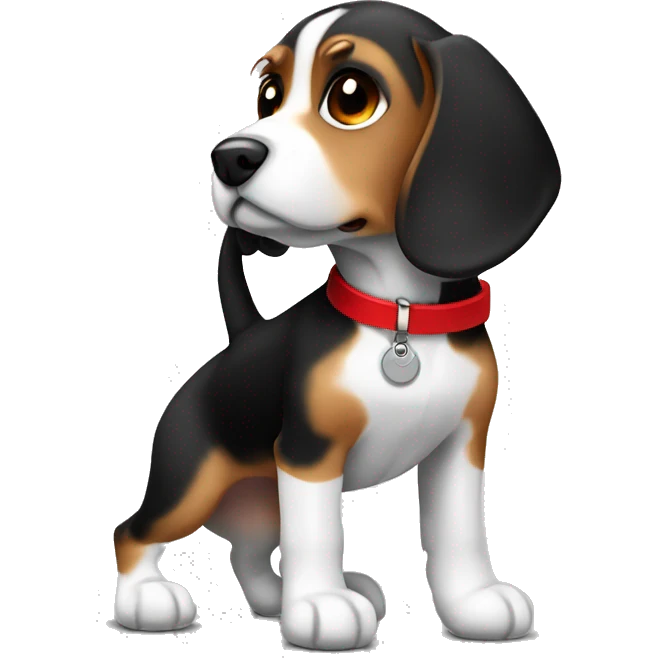 Small beagle dog black, brown and white with red collar with a tag  emoji