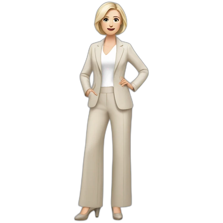 Full height Actively gesturing with hands pale skin woman with ash blonde Straightened bob Hair, White Spacious classical jacket, beige palazzo Arrow pants and gray blouse emoji