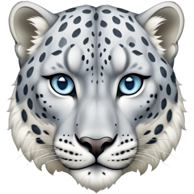 Cinematic-Noble-Snow-Leopard-Portrait-Emoji – Poised and majestic, with a muscular, agile build and a beautifully patterned coat of soft white and grey fur, marked with striking rosettes, deep-set, intelligent icy blue eyes, simplified yet sharp and sophisticated. zoomed out  emoji