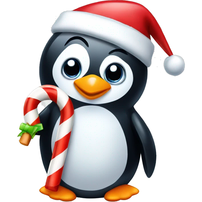 A penguin with a candy cane and christmas hat emoji