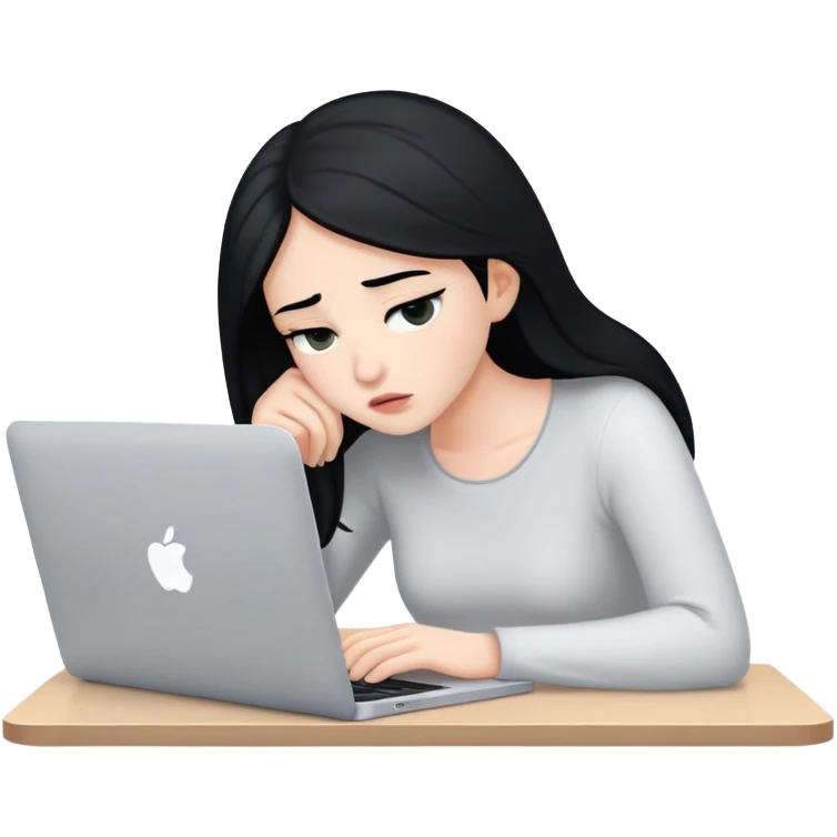 a tired white girl with black hair works in front of Macbook emoji