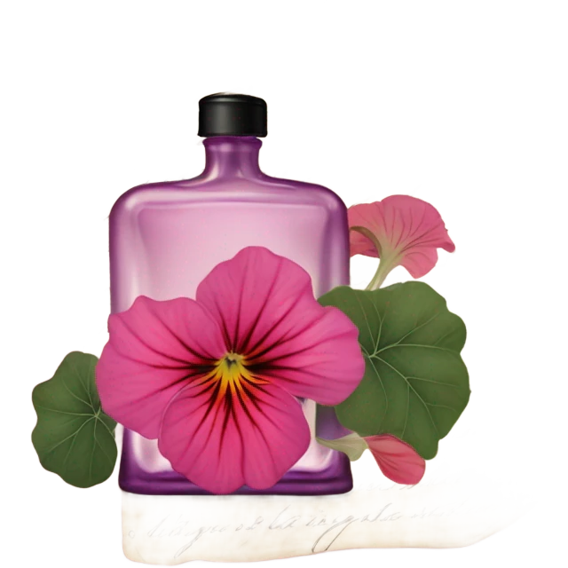 Aesthetic display of blush violet nasturtiums, an elegant deep pink perfume bottle, and a vintage love violet letter written in flowing script. emoji