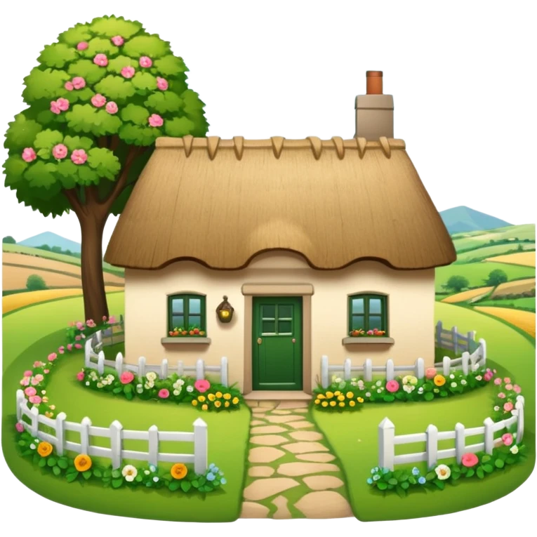 A countryside cottage with a thatched roof, wooden door, flowers around the house, green fields, peaceful rural scenery, natural lighting, detailed and realistic emoji