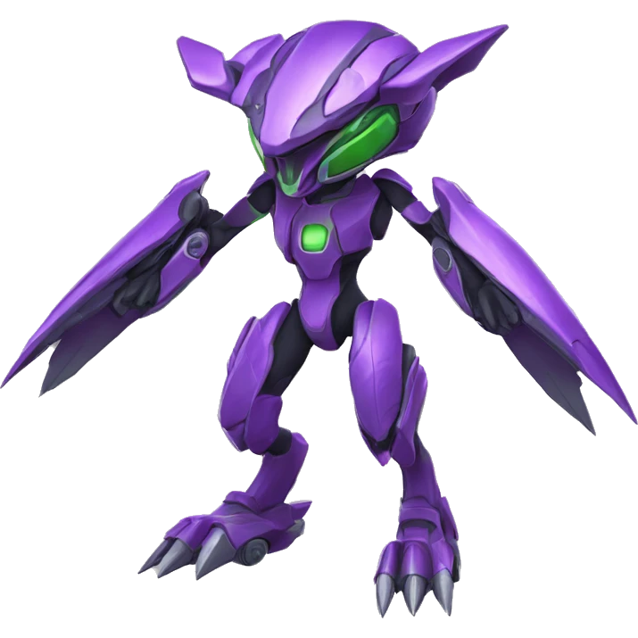a purple-green Genesect-Raptor-Fakémon—hybrid with a futuristic visor-helmet full body emoji
