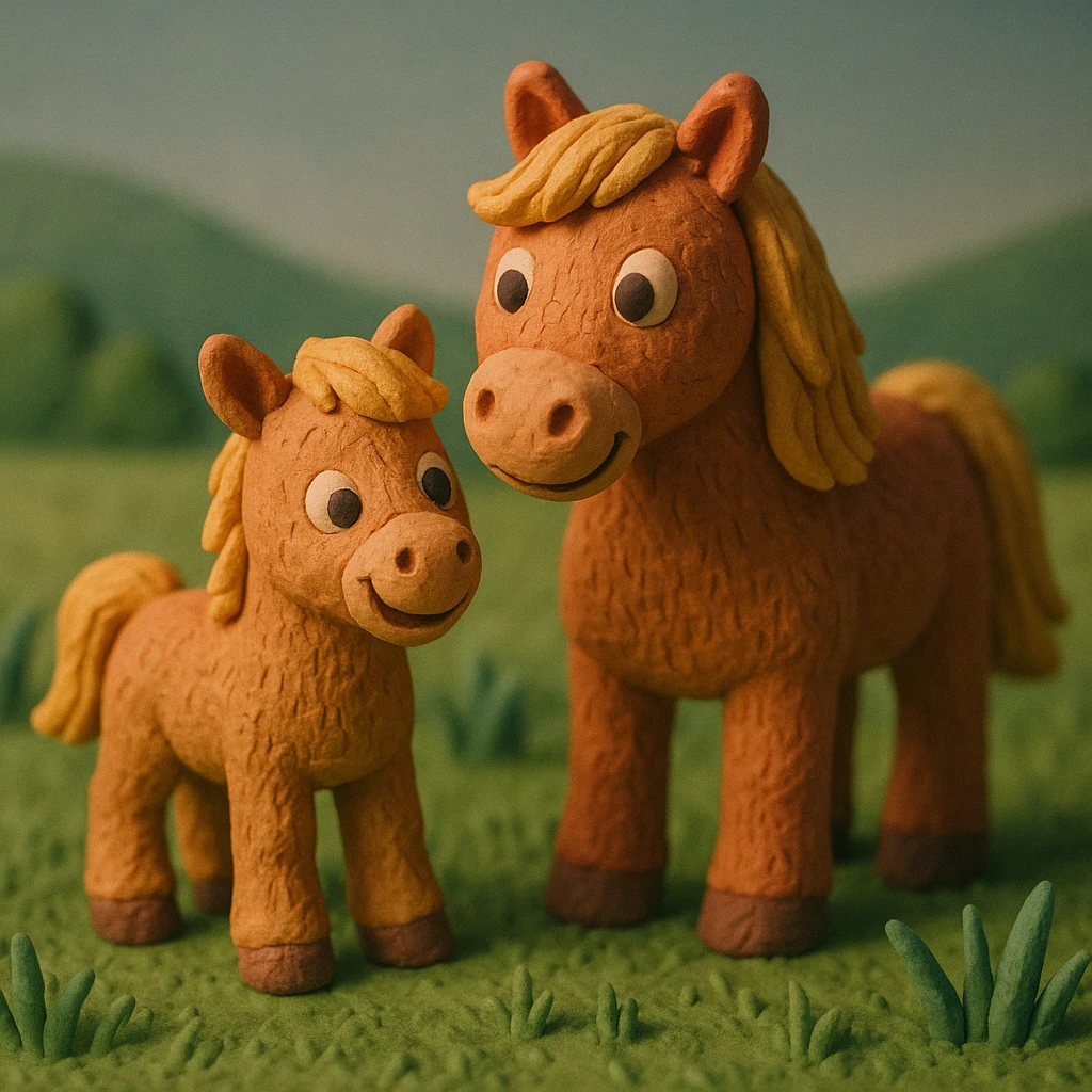 foal and mare together, cute and cheerful, detailed fur, in a grassy meadow, claymation style emoji