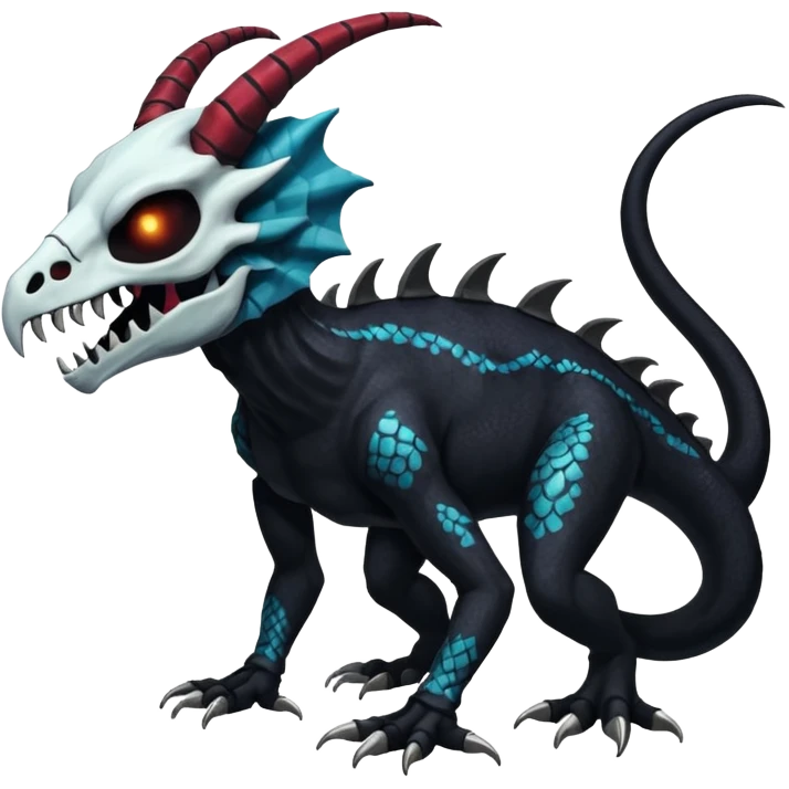 Shiny Dark Edgy  Duskull-Salandit-Inteleon-Amaura-Fakémon-hybrid-creature (full body) with a horned animal-skull-mask emoji