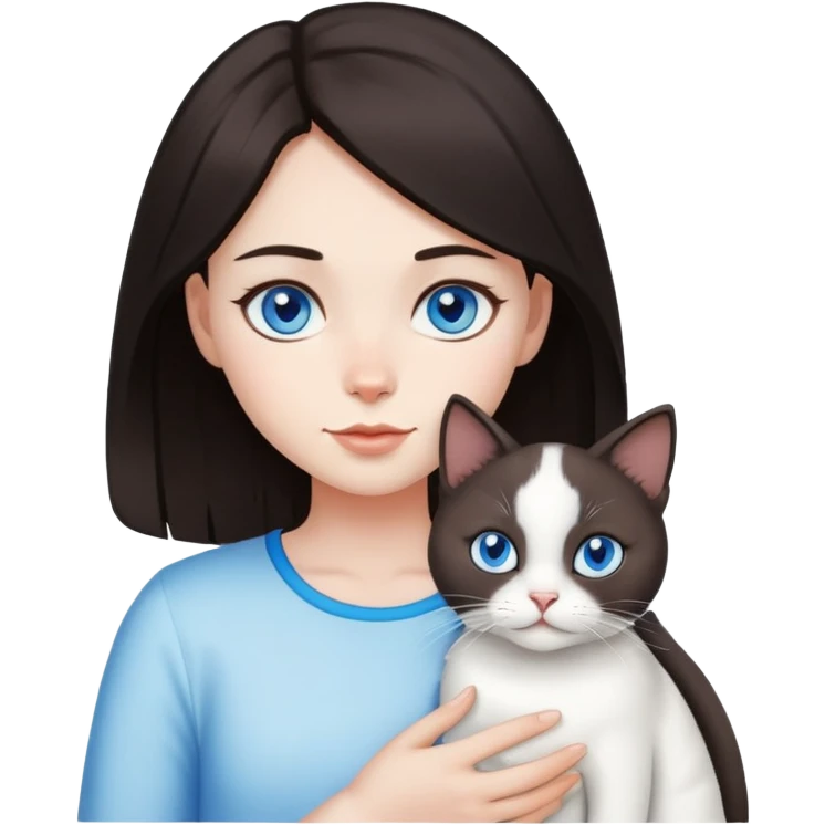 girl with blackish brown hair with white cat with blue eyes emoji