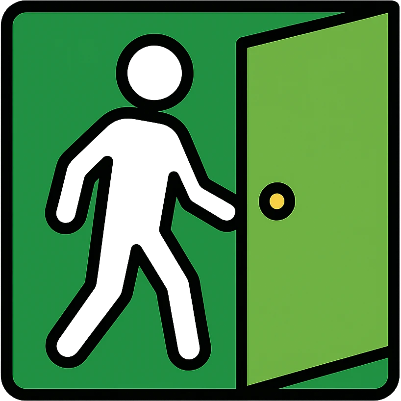 minimalistic icon of a white human figure walking through an open outlined door, viewed from the front, door with visible doorknob, solid green background, flat simple clean lines, high contrast emoji