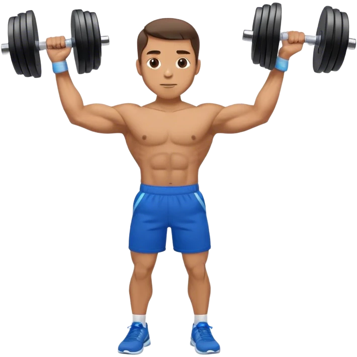man with blue shorts doing side-lateral raise (T pose) with light dumbbells unbent elbows emoji